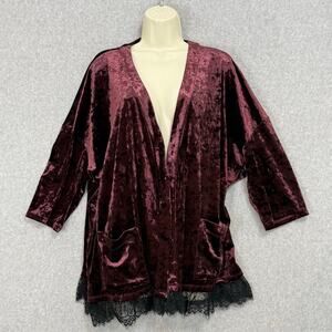 LOGO Lori Goldstein Open Cardigan Size L Crushed Velvet Lace Trim Whimsigoth